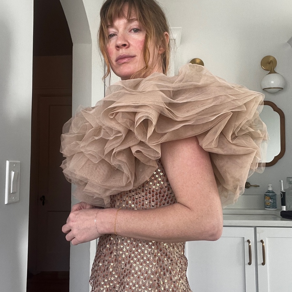 Formal Nude Dramatic Ruffled Sequence Blouse - image 6